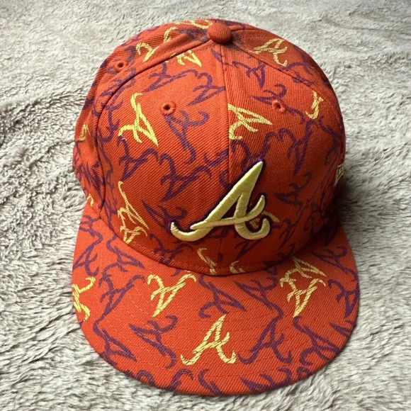 Atlanta Braves Hat New Era 59Fifty All Over Print Baseball Cap Orange 7 3/4 New - Picture 2 of 16